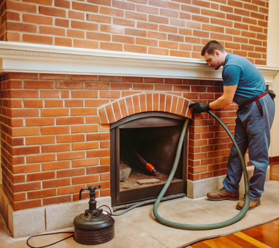 Chimney Cleaning Service Technician with Brush and Vacuum